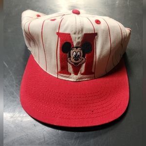 Vintage Disney Hat Mickey Mouse Red Pin Stripe Hat Cap Walt Disney Red/White